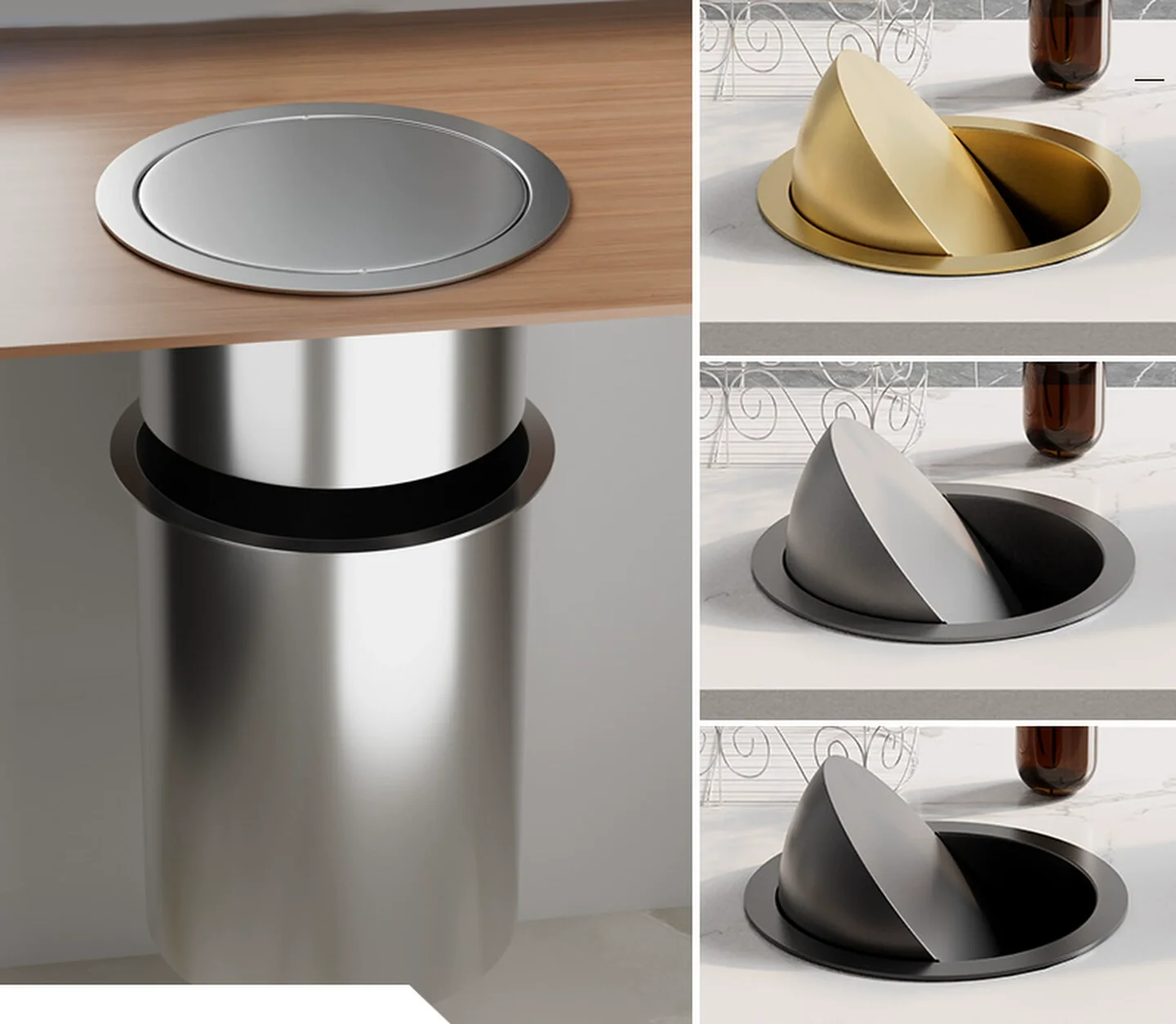 

17CM Stainless Steel Kitchen Counter Top Flush Recessed Built-in Balance Swing Flap Lid Bin Garbage Can Cover Gun Gray