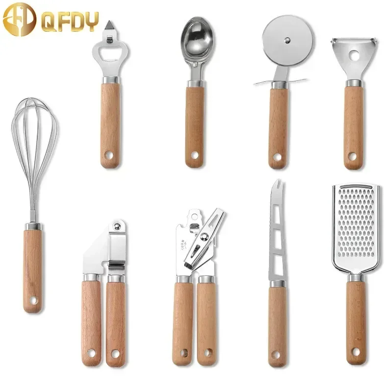 Kitchen gadget set of 9 pieces With Wooden Handle Can Opener Baking Set Cooking Tool Kitchenware Pizza Peeler Cheese Knife