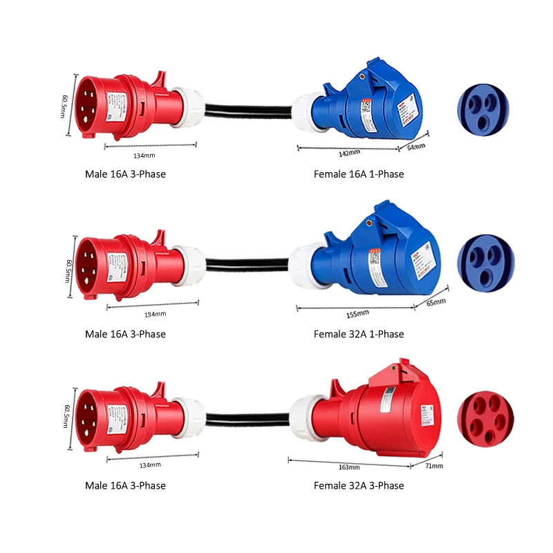 Electric Vehicle Charging Adapter CEE Plug 16A/32A Red to Socket Blue 1-phase 32A 7KW 16A 3.5KW Red 3-Phase 16A 11KW 32A 22KW