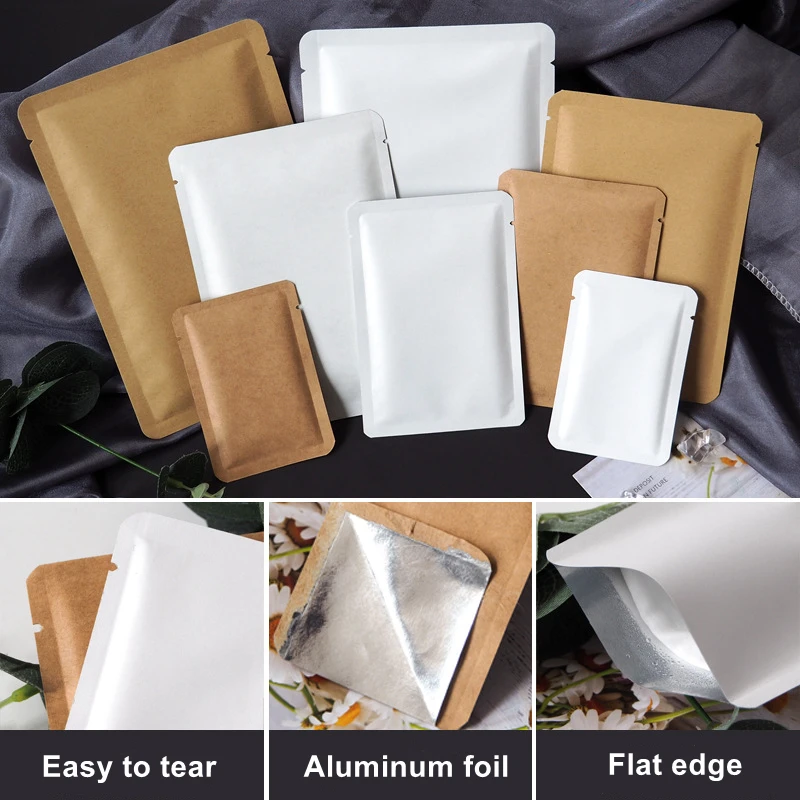 100Pcs Thick Open Top White Kraft Paper Heat Sealing Aluminum Foil Packaging Bag Tea Bean Powder Nut Dried Fruit Storage Pouches