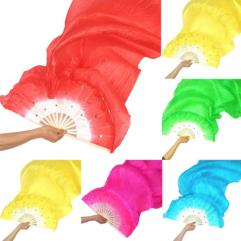 Chinês meio círculo dança do ventre fã, bambu SilkVeil pares, corante de mão para adultos, longo Bellydance fã, venda quente