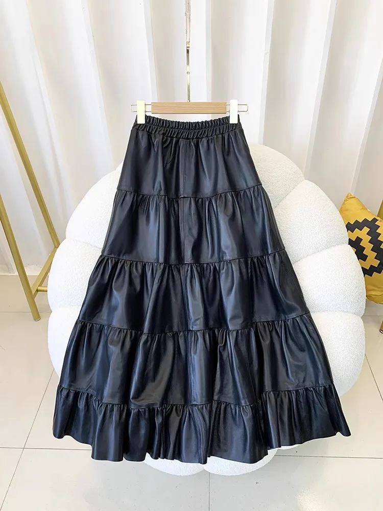 Women Fashion Genuine Leather Long Skirt Casual Loose Fit Elastic High Waist Sweet Bowknot Solid Color Lady Layers A-Line Skirts