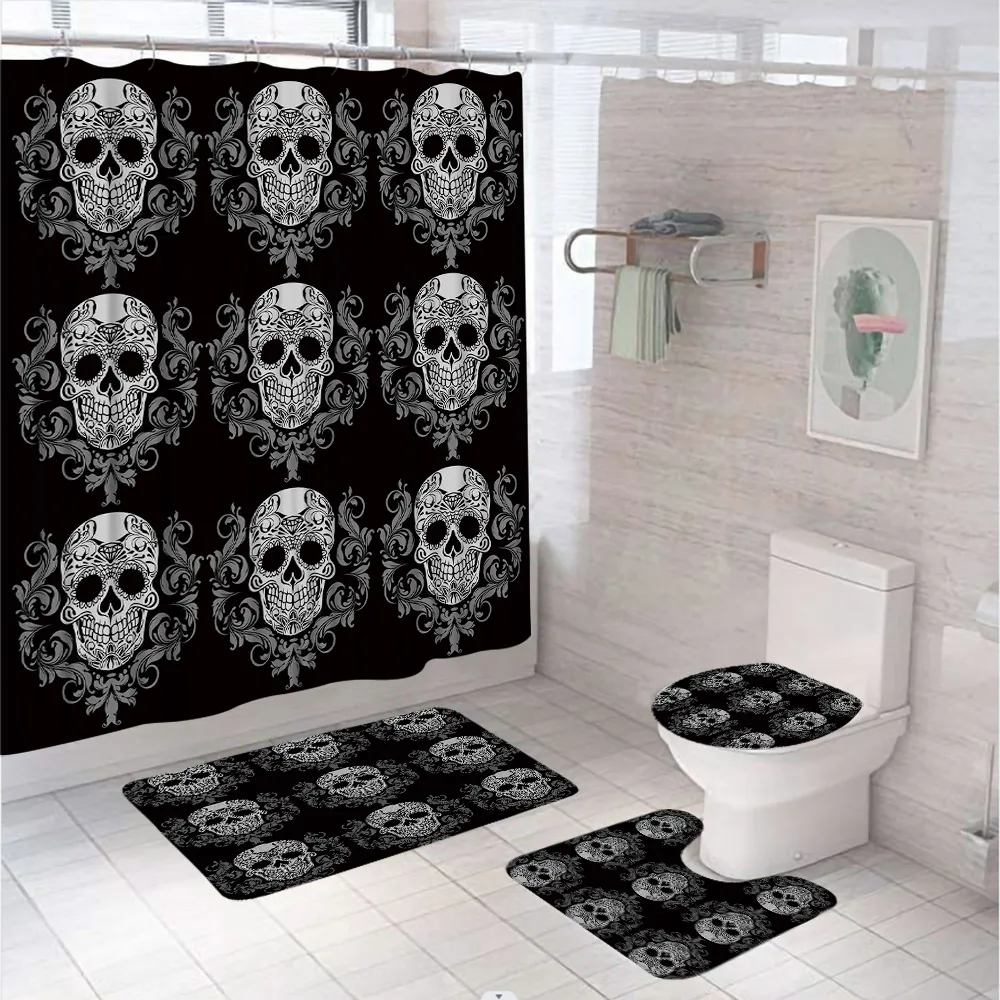 

4Pcs Black White Skull Shower Curtain Sets Toilet Lid Cover Non-Slip Rug Bath Mats Halloween European Pattern Bathroom Curtains