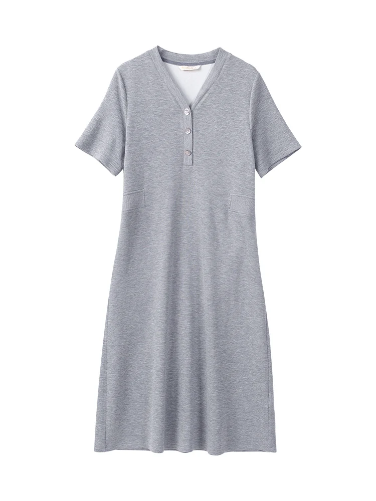 Aji Duo Simple High-End Short Sleeve V-Neck Dress Women's Casual Long Skirt plus Size Summer Dress Outdoor Travel Daily Wear