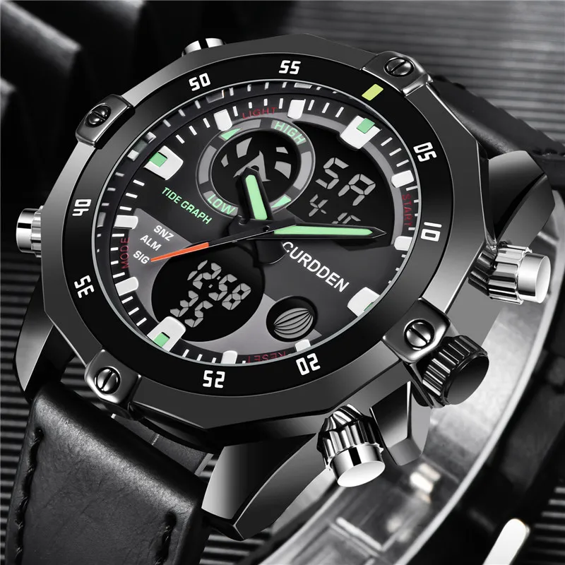 Orologi originali di grande marca CURDDEN per uomo cinturino in pelle moda cronografo Dual Time orologio digitale sportivo militare Reloj Hombre