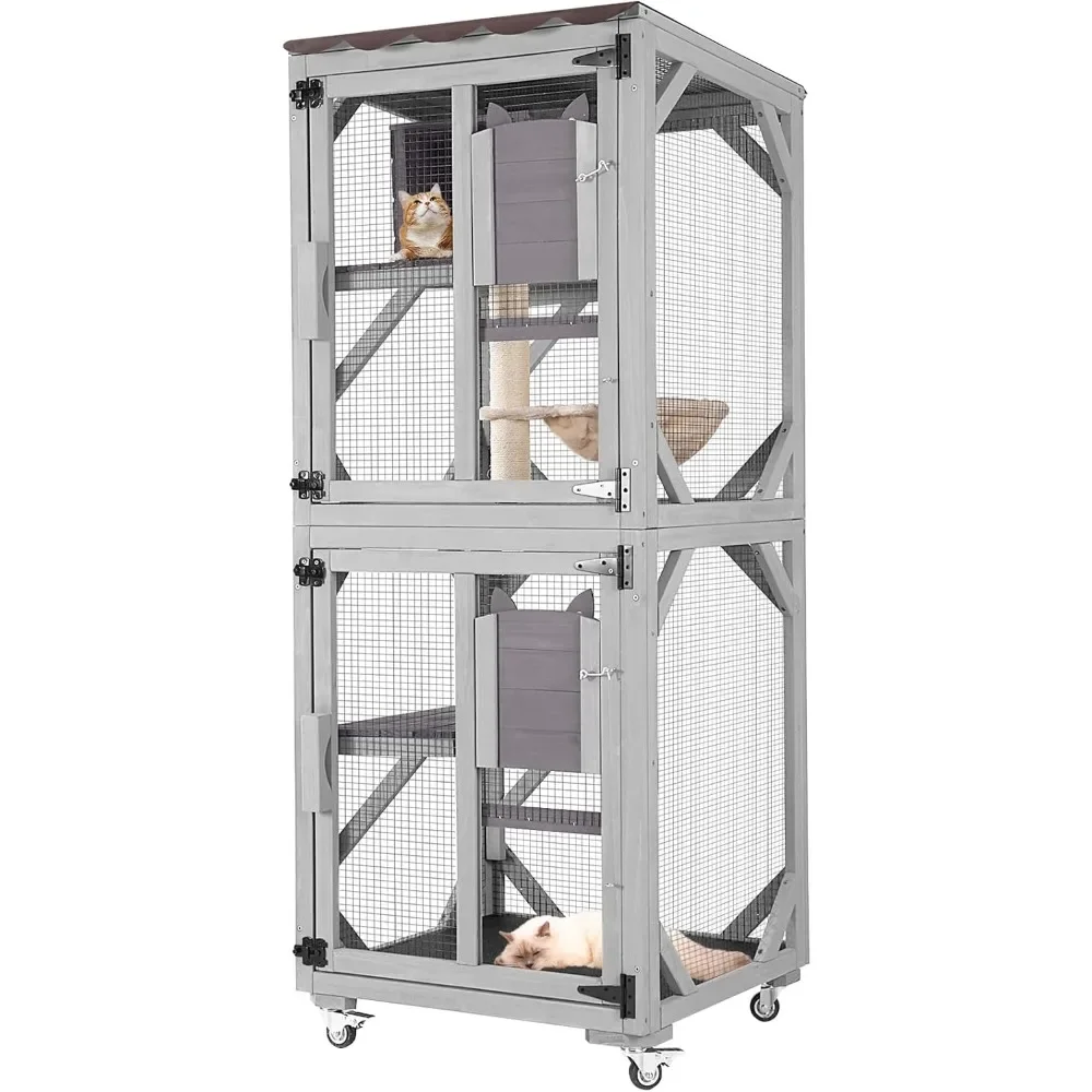 

Outdoor Cat Enclosure Wooden Cat Cage with Window Access Large Kitty House on Wheels 62.4’’ Indoor Patio