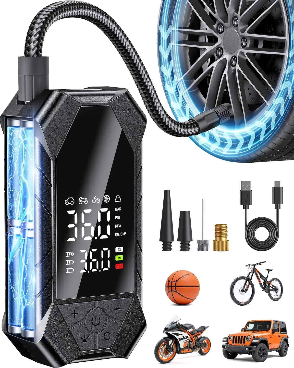 

Portable Air Compressor with LED Light & Digital Gauge, 150 PSI for Car Bike Motorcycle Ball Inflation