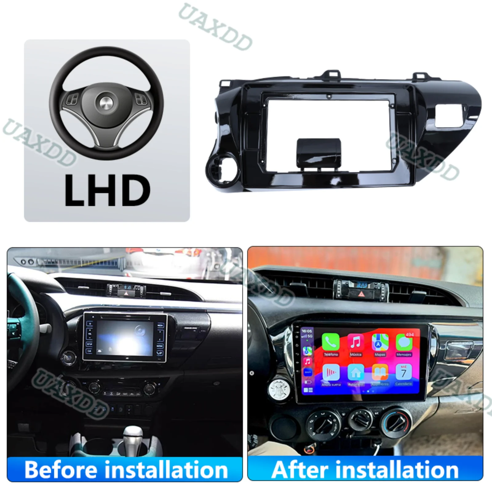 UAXDD 2 Din Car Interior Stereo for 2015-2018 Toyota Hilux 10.1 Inch Automotive Center Console Frame Kit Panel Fascia Dashboard