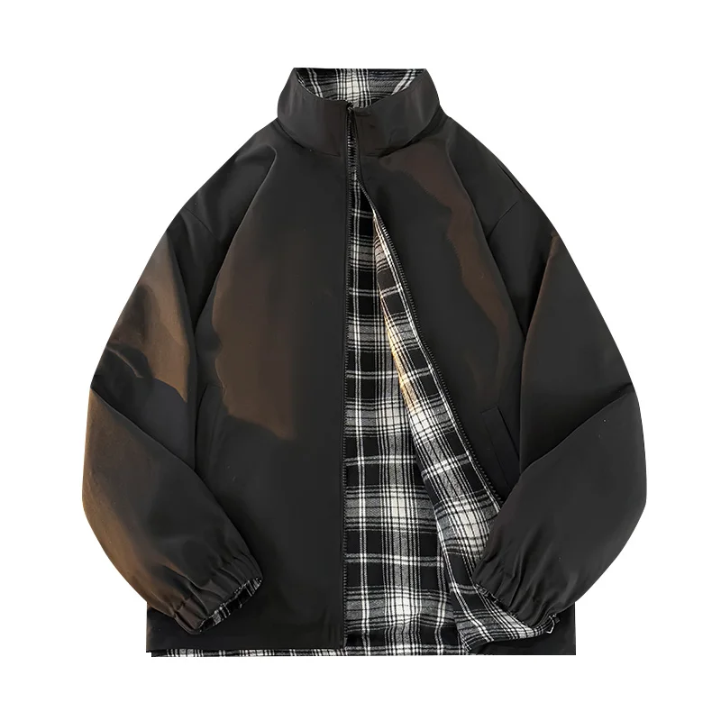 

2026 весенние клетчатые куртки контрастного цвета для мужчин и женщин, осеннее пальто-бомбер с воротником-стойкой, пара, двусторонняя верхняя одежда, куртка