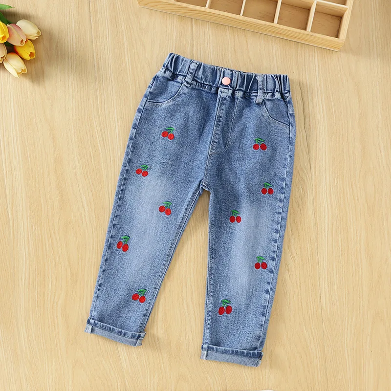 

2025 new Kids clothes girls jeans washed cotton stretch denim embroidered children's straight pants