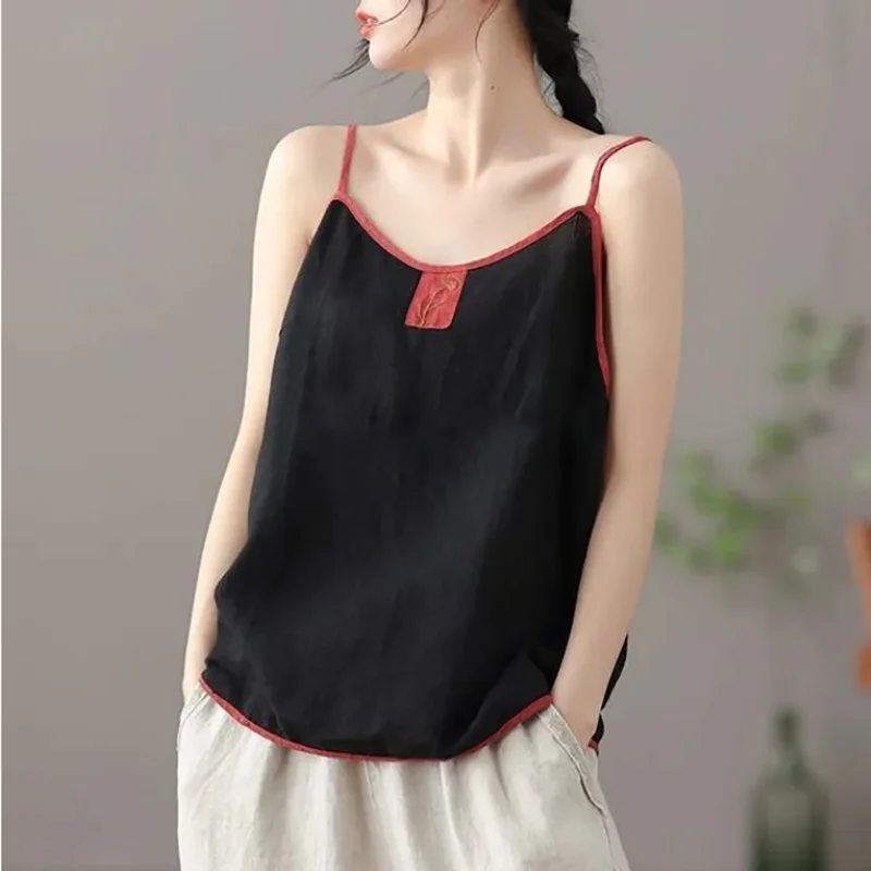 

Костюм Тан в китайском стиле, футболка Ханфу, новинка лета 2023, художественный ретро-хлопковый и льняной свободный топ с пряжкой и v-образным вырезом и вышивкой