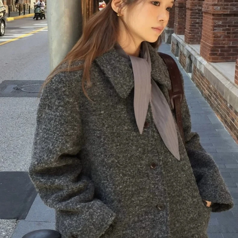 

Women's Woolen Coat Dongda Gate Overtke Retro Turn-down Collar Single Button Mid-length Jaet Chinese Production Winter Wear