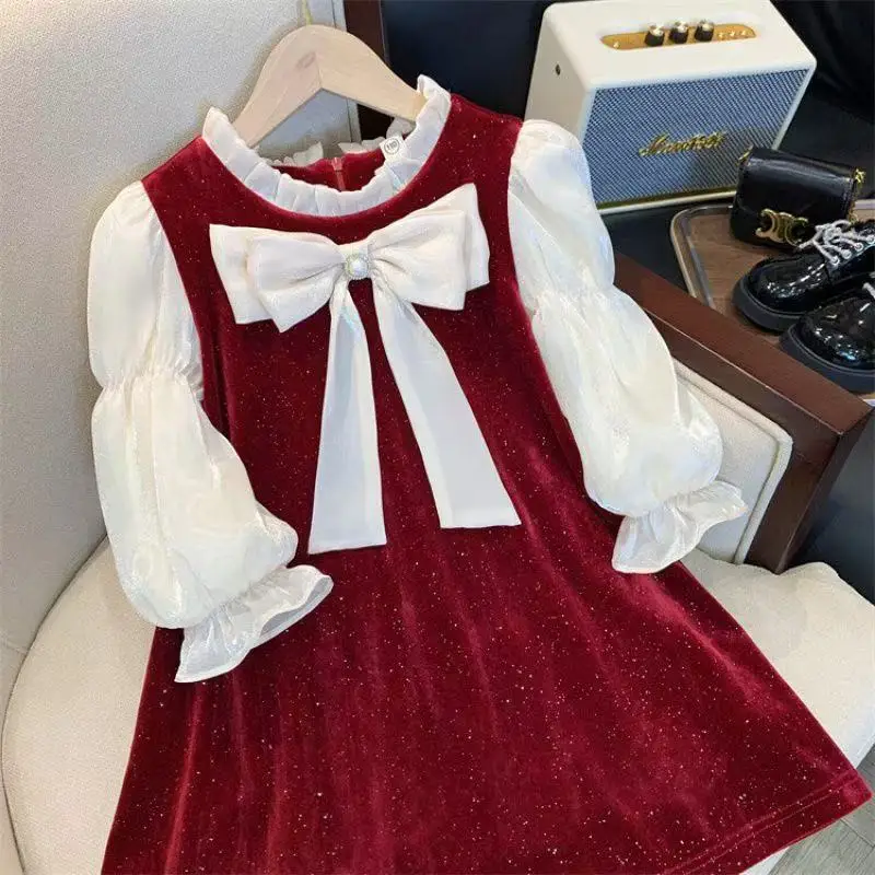 

Girls' Long sleeved High end Dress 2025 Fashionable Hepburn Fragrant Style Bow Bubble Sleeve Dress