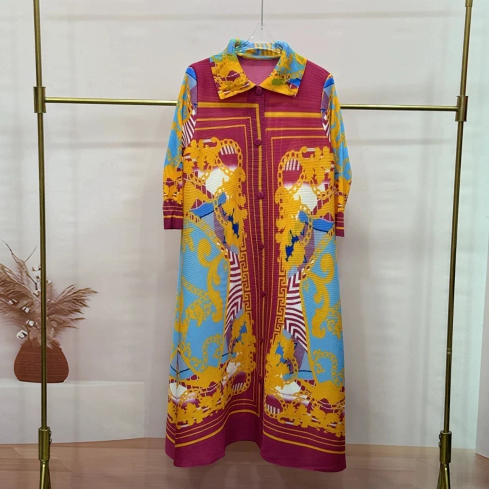 Großes Freizeitkleid mit lockerem Revers, Retro-Temperament, Mutterkleid, Sommer, lange Ärmel, lockeres Damenkleid-GZXX1038