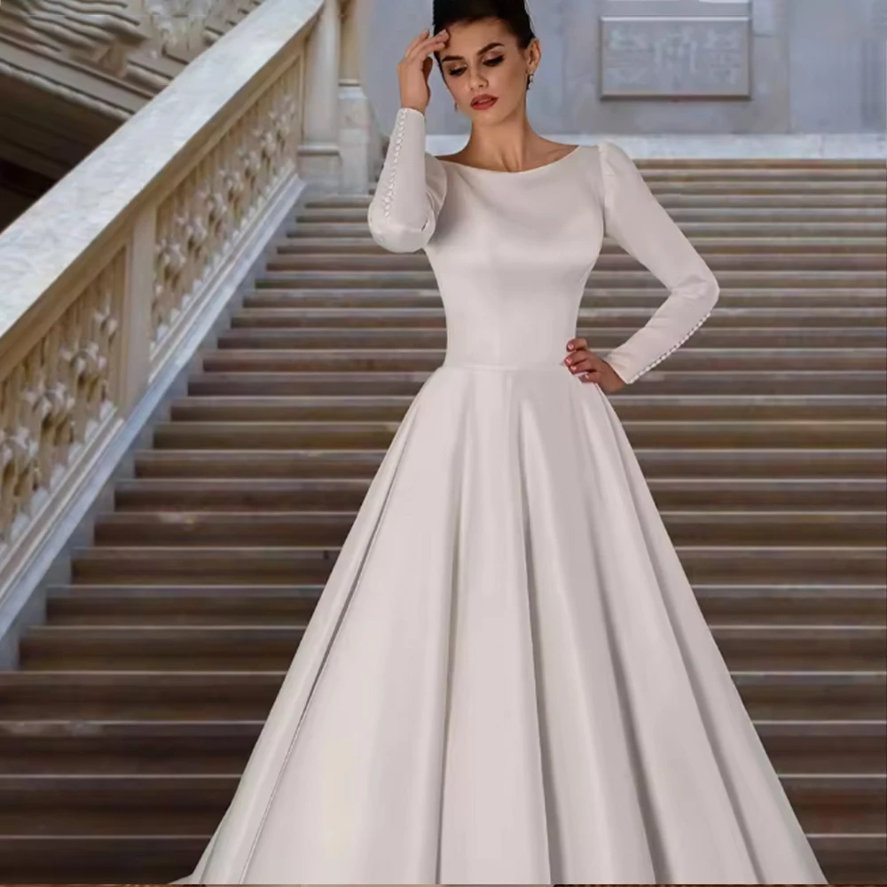 

Modest Wedding Dresses O-Neck A-line Long Sleeve Bride Dress Draped Button Sweep Train Bridal Gown Customized robe de mariée