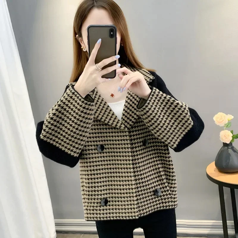 Female Short Xiaoxiangfeng Suit Coat Women Loose Fitting Houndstooth Tops Spring Autumn Lady Long Sleeves Cardigan Blazer Jacket