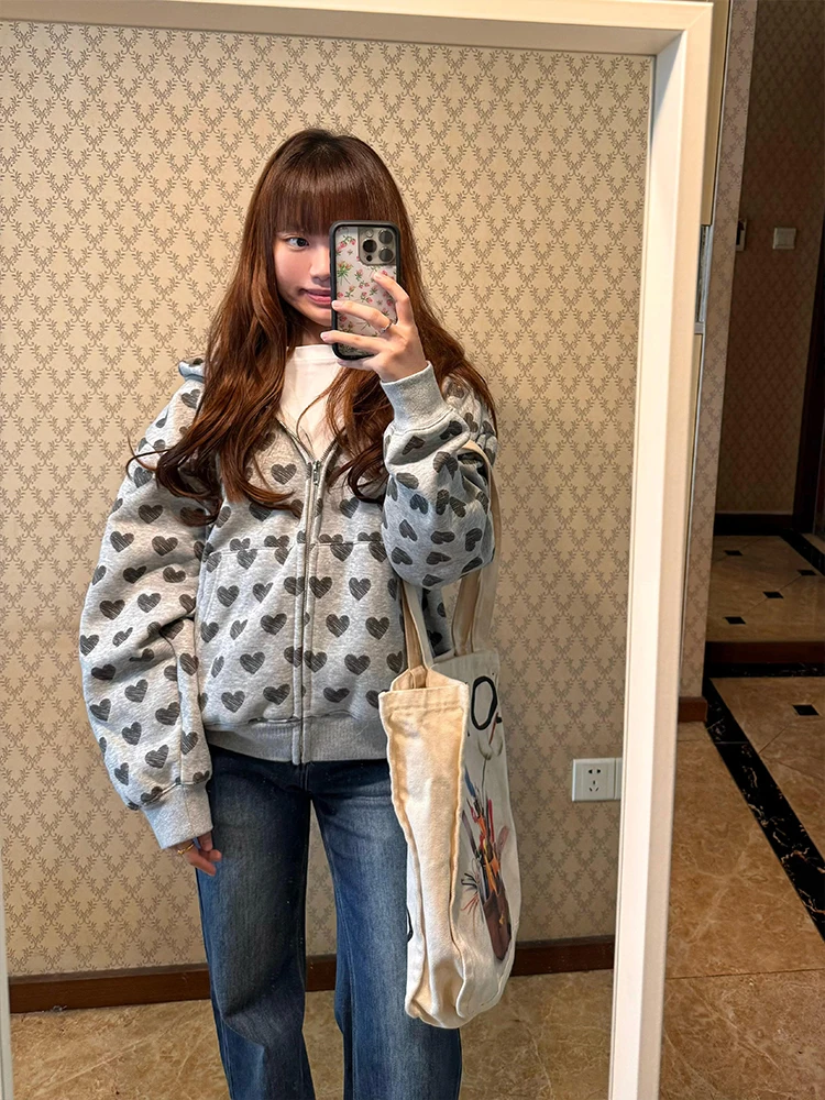 

Толстовка с капюшоном в стиле ретро в американском стиле с принтом сердца, женский свободный кардиган, дэт, маленький размер, весна-осень, модная, повседневная, удобная