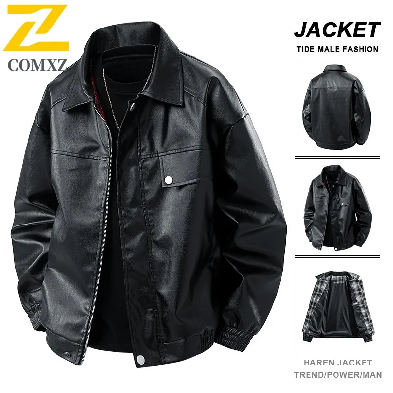 

COMXZ Men Leather Jacket Lapel American Style Comfort Motorcycle Jackets Solid Color Cycling Lightweight Windproof Autumn Coat