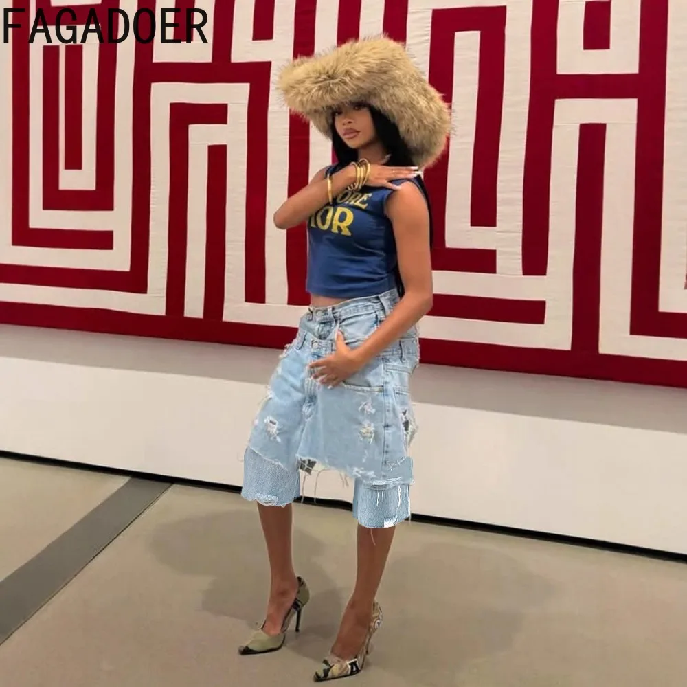 FAGADOER Fashion Holes Brushed Patchwork Denim Pants for Woman Solid Color Straight-leg Pants Female Streetwear Bottoms 2025 New