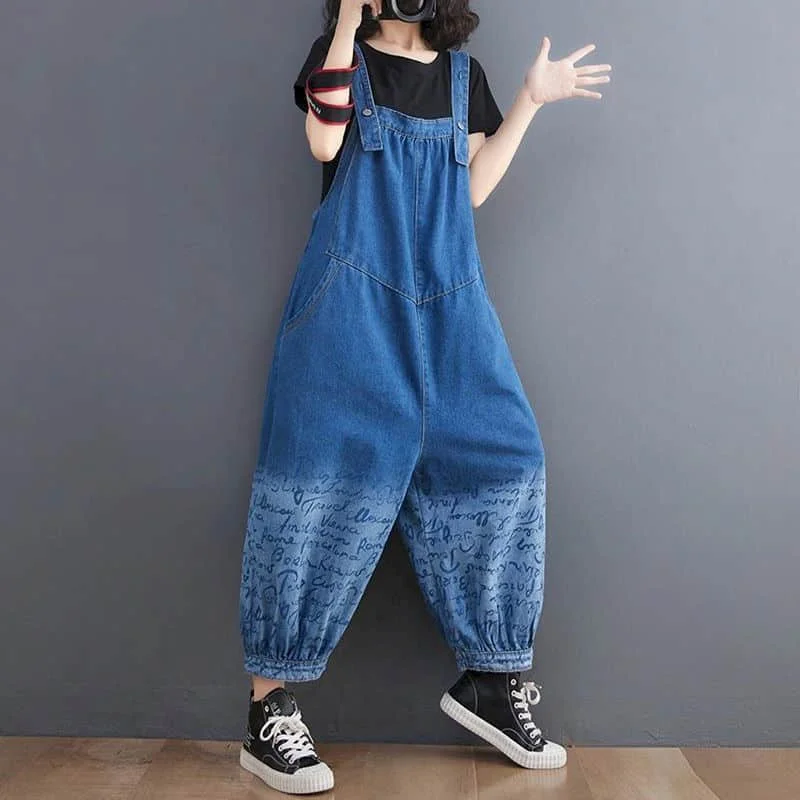 Denim Jumpsuits for Women Striped Printed Korean Style Harajuku Overalls One Piece Outfit Women Rompers Casual Vintage Playsuits