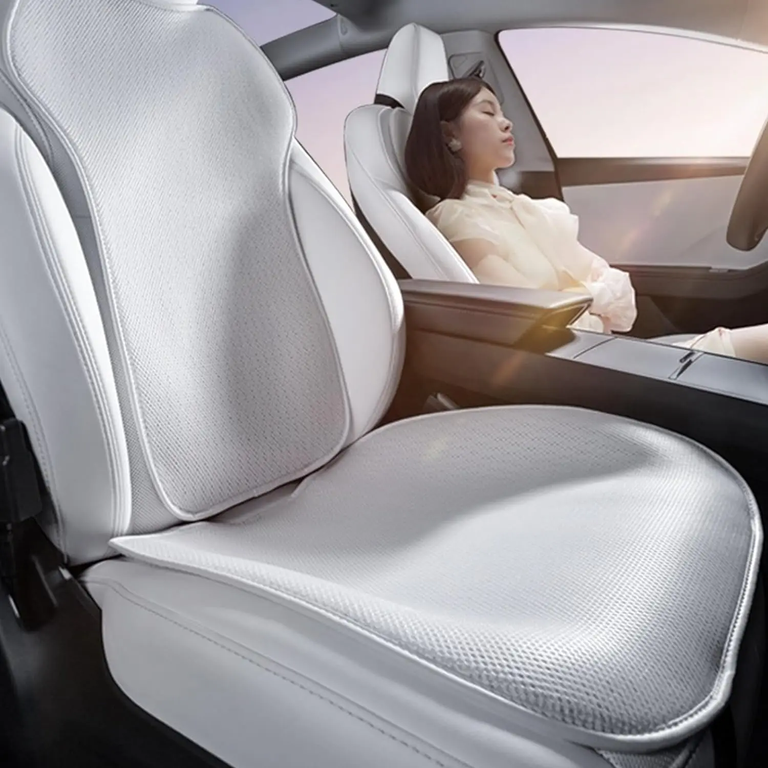 OULEX Sitzbezug-Kissen für Mercedes/Tesla/BMW/Honda/Toyota/VW, schmutzabweisende Eisseide, weiß, schwarz, individuell atmungsaktiver Innenbereich
