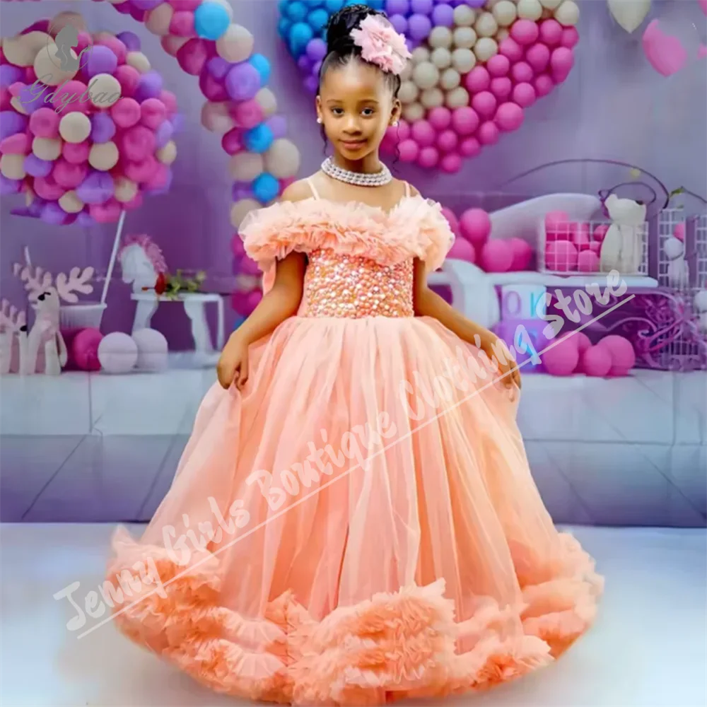 

Pleat Custom Flower Girl Dress For Wedding Tulle Pearls Birthday Pageant PBeauty Pageant Princess Holy Communion Gown