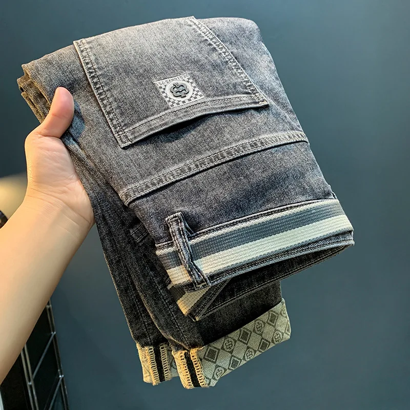 2024 spring new high end luxury MEN'S jeans trendy print straight fit Korean edition casual fashion versatile cotton denim pants