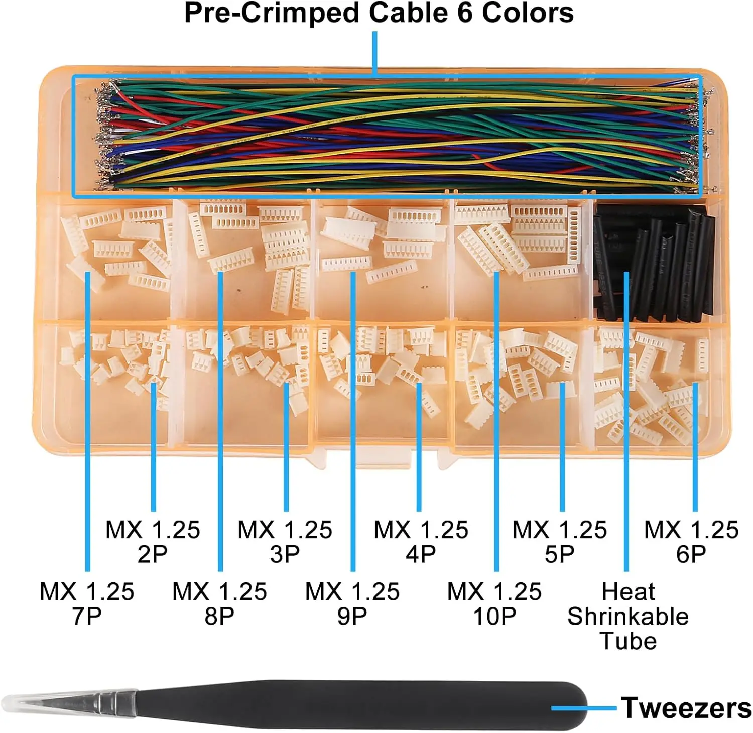 JST 1.25mm Connector Kit Male Female Micro Wire Connectors 2/3/4/5/6/7/8/9/10 Pin with 90pcs 28AWG Pre-Crimped Cables for DIY
