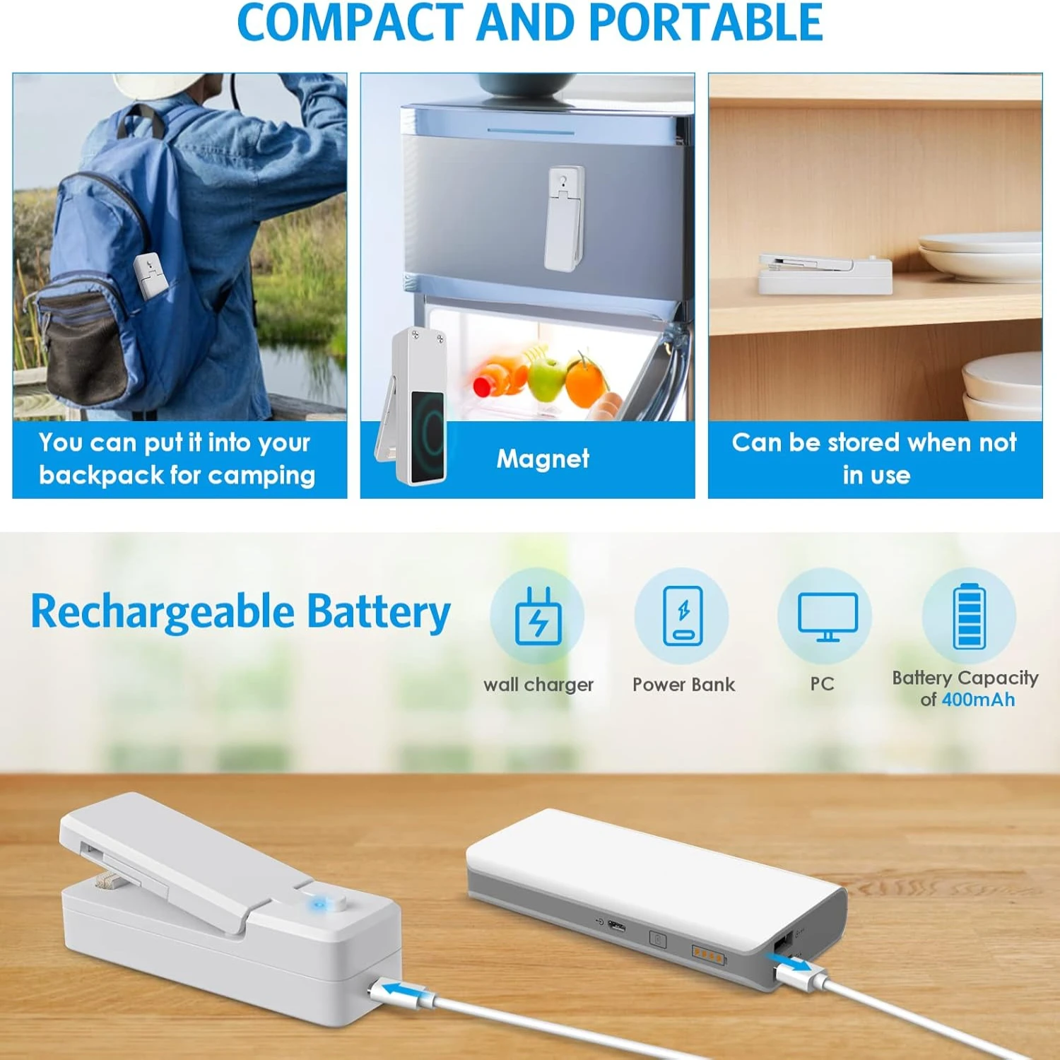 Мини-запайщик пакетов, 2 упаковки — перезаряжаемый термосварщик для пластиковых пакетов — портативный упаковщик 2 в 1 для закусок, пикников на открытом воздухе, еды St