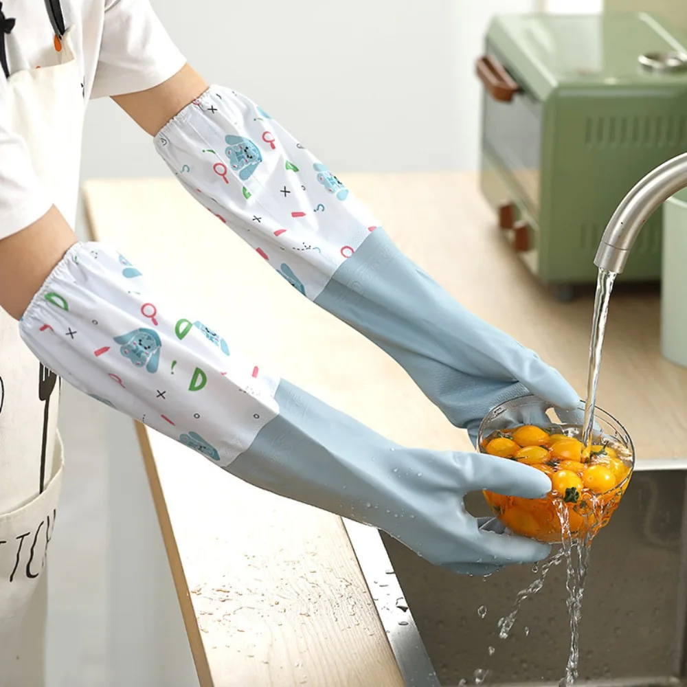 1 Pair Elastic Band Cuff Winter Rubber Dishwashing Gloves Thickening Non-Slip Fleece Cleaning Gloves Long Sleeves