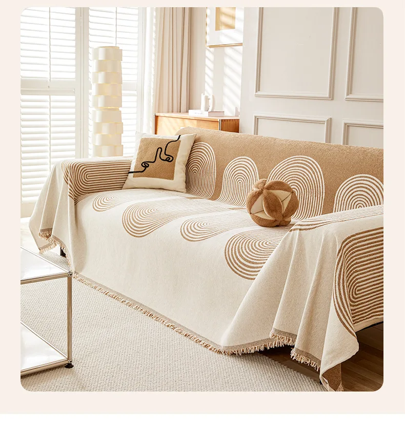 Bohemian Style Thickened Chenille Sofa Cover Geometric Arch Pattern Sofa Towel Woven Tassel Blanket All Season Couch Protector