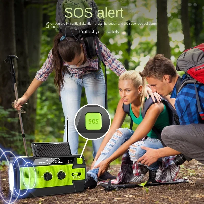 Multi functional emergency radio with flashlight, hand cranked power generation radio, solar portable power generation