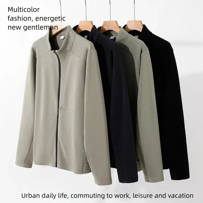 

2025 New style business jacket for men long sleeved top zipper stand up collar cardigan pure cotton clothing