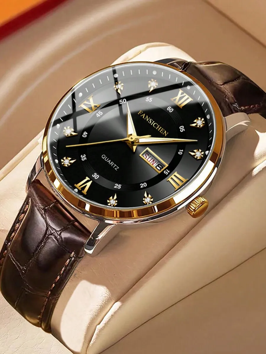 

Классические кварцевые часы с черным циферблатом золотистого цвета, римскими цифрами и индикатором даты