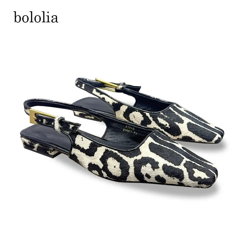 

Fashion Leopard Print Genuine Leather Square Toe Leisure Flat Women Elegant Buckle Chunky Heel Slingback Sandal