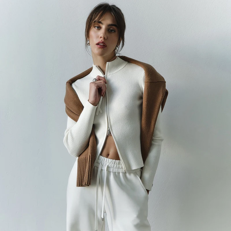 Tornova модное вязаное пальто женский кардиган на двойной молнии с длинными рукавами верхняя одежда тонкий воротник-стойка однотонный женский свитер кардиган