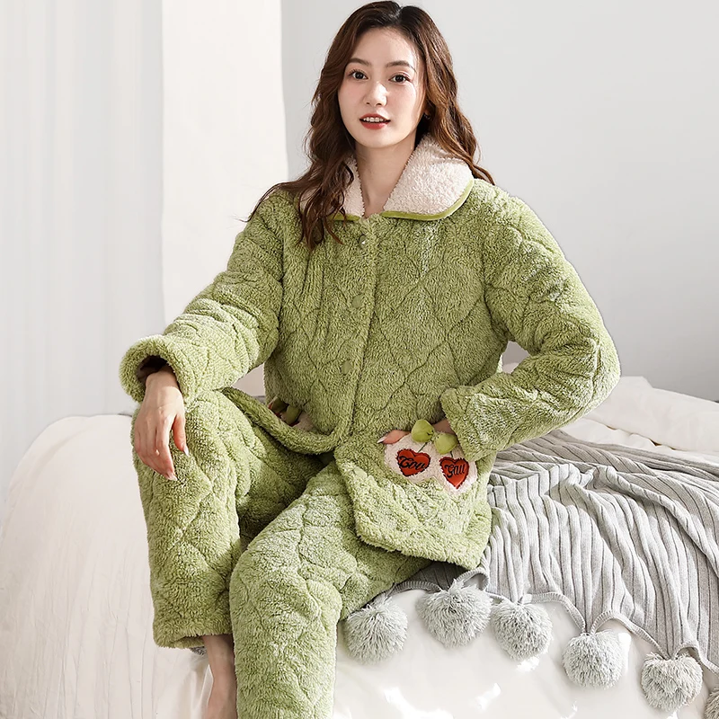 

Теплые зимние 3-слойные стеганые пижамы для женщин, фланелевые комплекты брюк с длинными рукавами, толстый коралловый бархат, женский костюм, зимняя одежда для сна