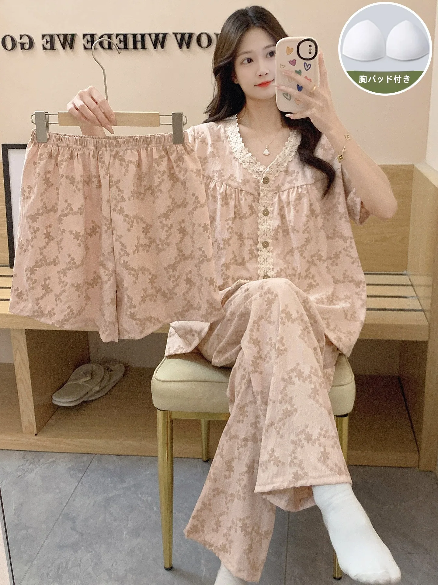 女性の夏用薄手パジャマセット-胸パッド付き-甘い花柄プリント-3点セット-半袖トップス-ショートパンツとパンツ付き-ホームウェア