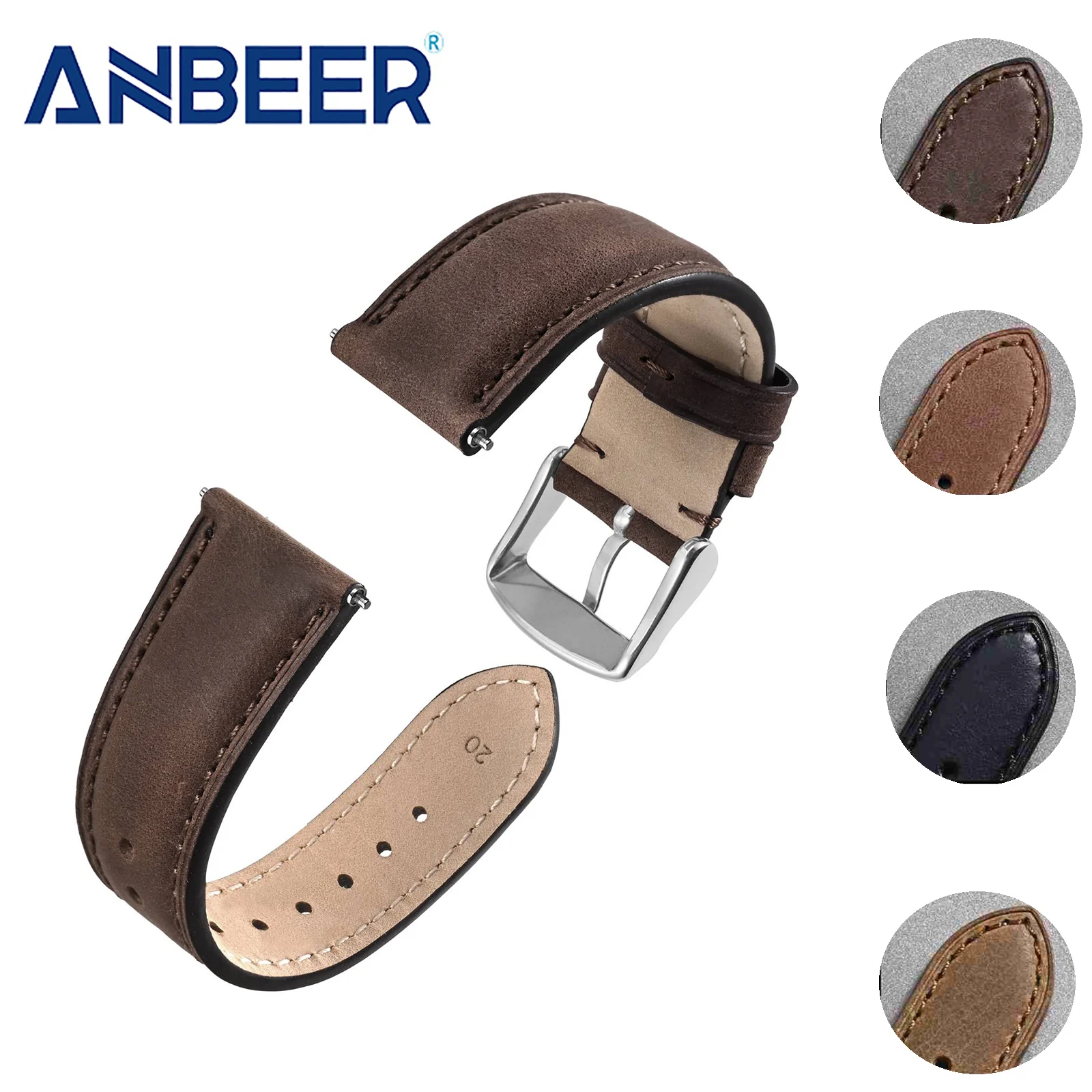 ANBEER New Leather Watch Strap Hand Made Stitching Watch Band for Men 18mm 20mm 22mm Classic watch band Stainless Steel Buckle