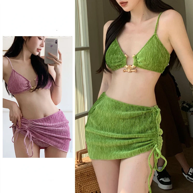 

Tender-Green Velvet Bikini Set for Women, Sexy Split Swimsuit, Vacation Swimwear, Hot Spring, INS Style, Young Lady