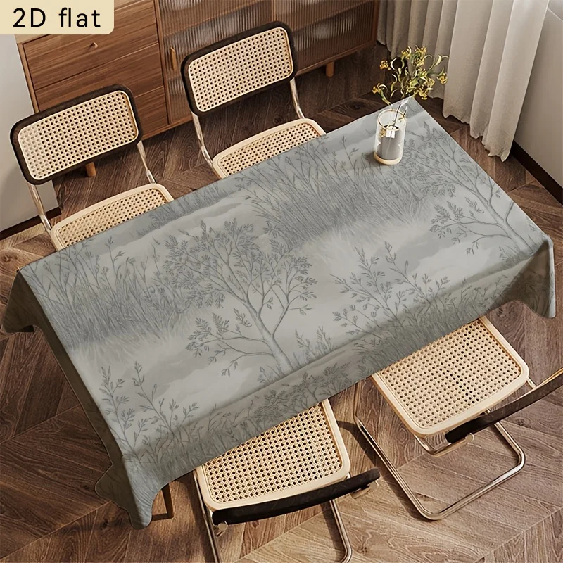 Sketch Landscape Tablecloth, Muted Grey Background With Tree Grass Pattern, Waterproof Table Cover for Daily Meals & Party Use