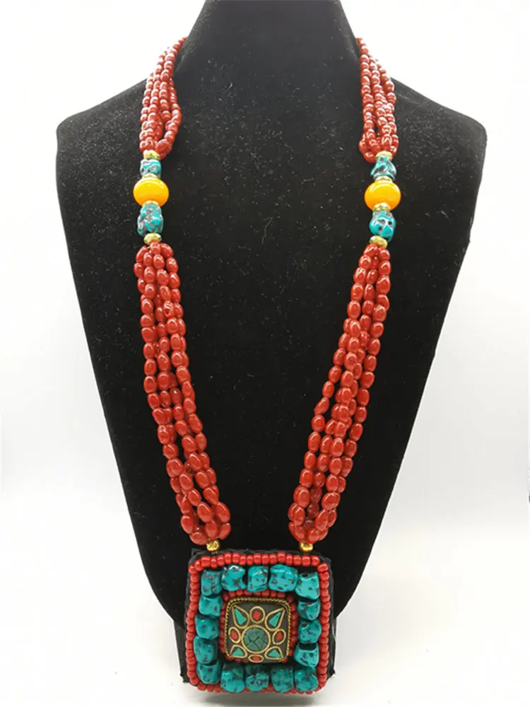Tibetan jewelry Big Squre Pendant Necklace with Red Lampwork Glass Beads Chain TNL202