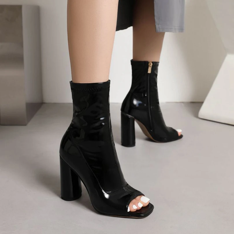 Plus Size Patent Leather Material Peep Toe Short Shoes With Extra High Thick Heel Hollow Out And Breathable Open-Toe Boots