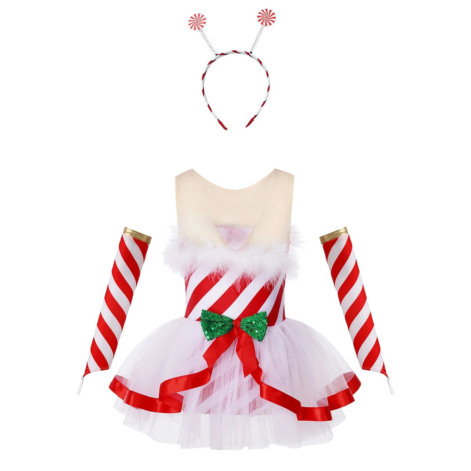 الفتيات قصب الحلوى السيدة سانتا كلوز زي مخطط شبكة عيد الميلاد الرقص الشكل التزلج توتو فستان يوتار مع الأكمام أغطية الرأس #4