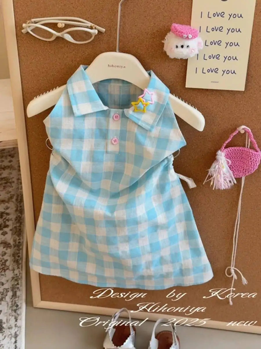 2025 New Fashion Versatile Girls Summer Vest Dress Sleeveless Shirt Dress for Baby Girls Childrens Plaid Dress