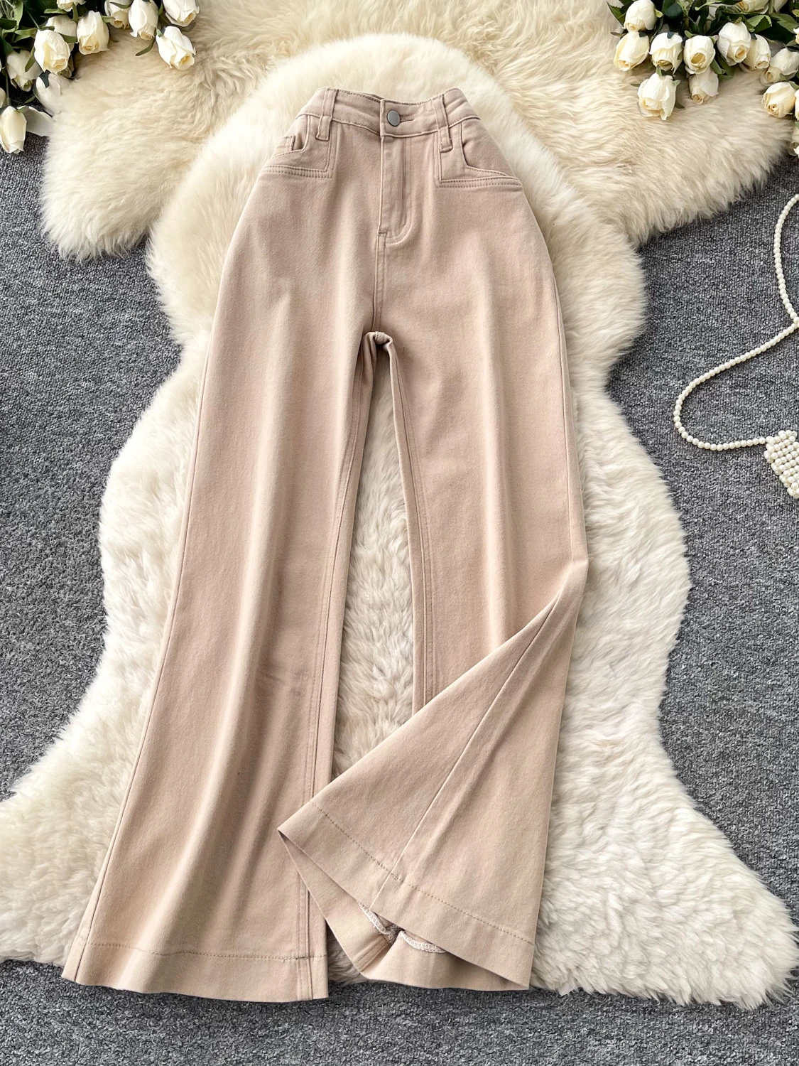 

Ретро джинсы с высокой талией и широкими штанинами, женские свободные брюки цвета хаки, эластичные, универсальные для всех сезонов, повседневный стиль, машинная вышивка