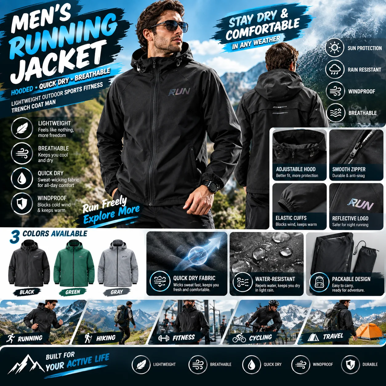 Men Running Jacket Hooded Quick Dry Breathable Lightweight Outdoor Sports Fitness  trench coat man