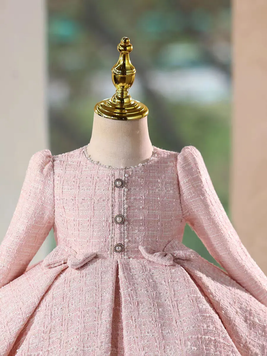 ジルウィッシュ J718 ピンクフラワーガールドレス リボン付き 素敵な長袖 膝丈 ビーズ装飾 プリンセス キッズ ウェディング 誕生日パーティー フォーマルガウン