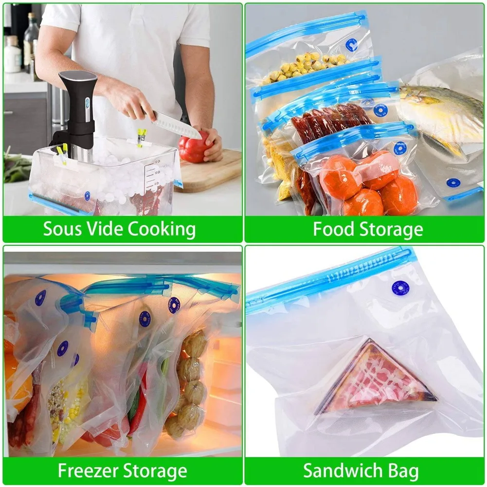 Paquete de bolsas Sous Vide para almacenamiento de alimentos al vacío, sellador eléctrico reutilizable, ahorro de cocina con 1 bomba de mano, bolsa sellada de 3 tamaños, 4 clips, 20 paquetes