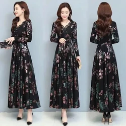 Spring Autumn New Women Dress Elegant Temperament Long A-Line Dress High End Fashion Lace Printed Beading Dresses Vestidos Mujer